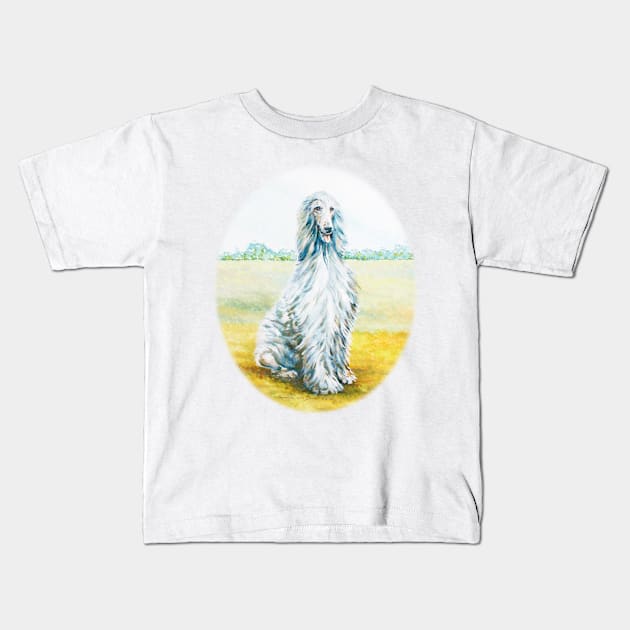 AFGHAN HOUND.  A Regal Blue Afghan Hound with a simple, rural background. Kids T-Shirt by chepea2